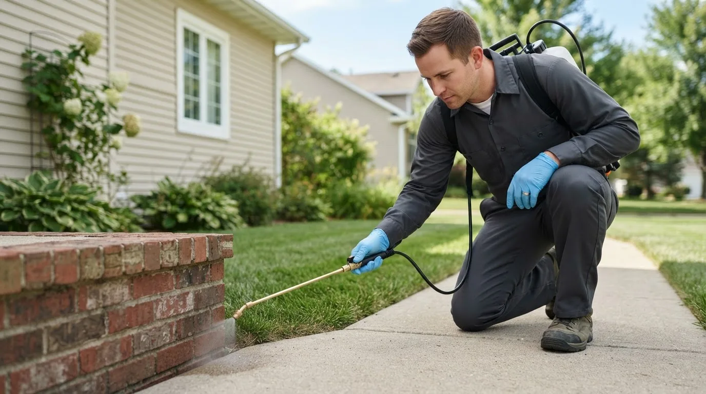 Pest control technician treating a home near Whiteville, TN