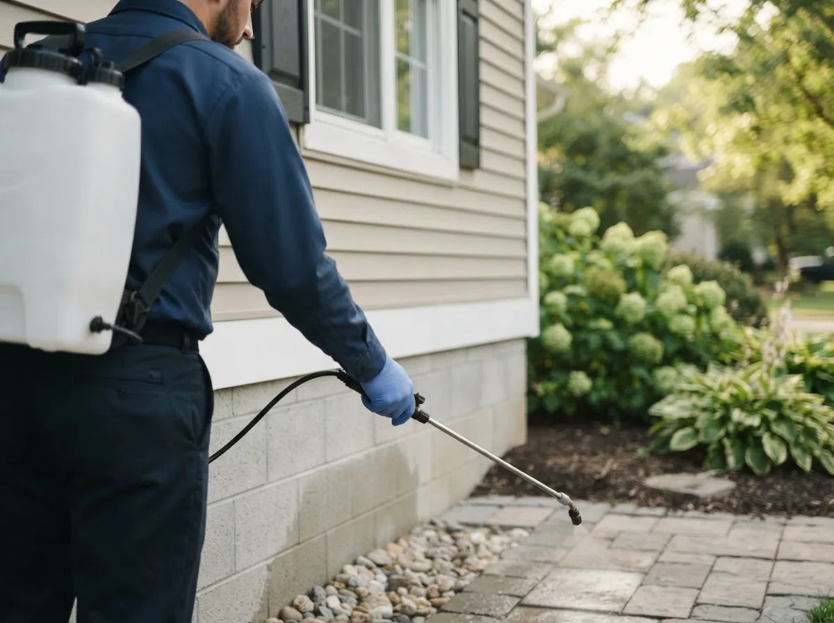 Pest control technician inspecting a home in Whiteville, TN
